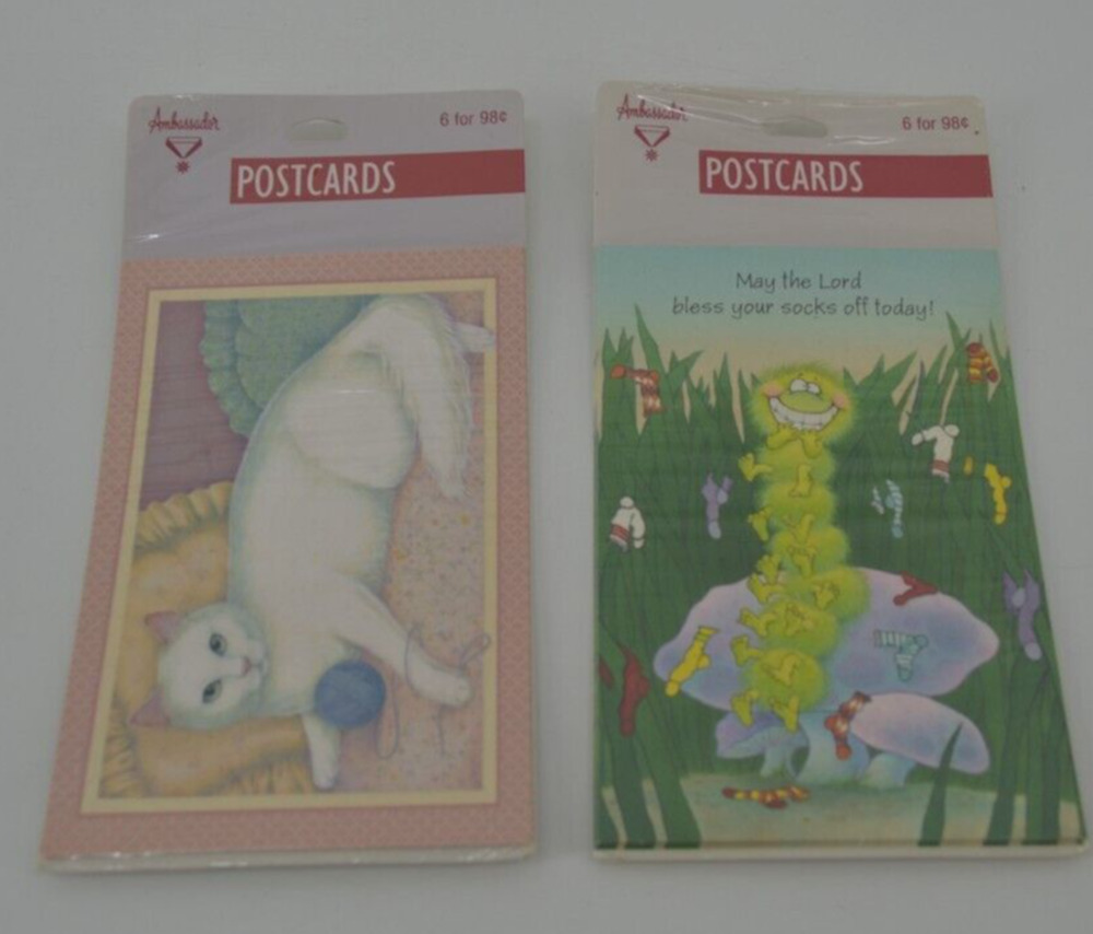 Ambassador Hallmark 12 Postcards 2 sets of 6 Cat Yarn Green